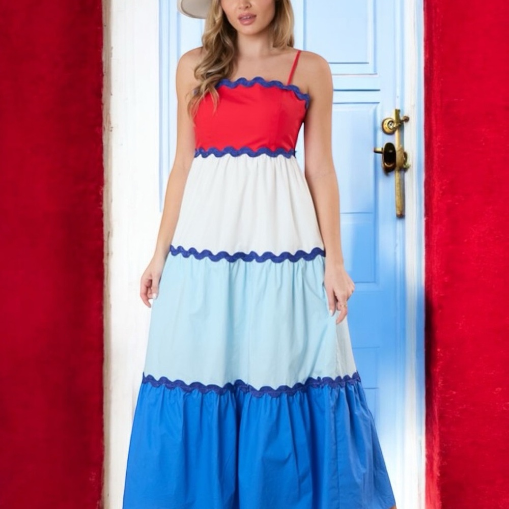 PEACH LOVE CALIFORNIA cotton poplin color block maxi dress S M L - Picture 5 of 9